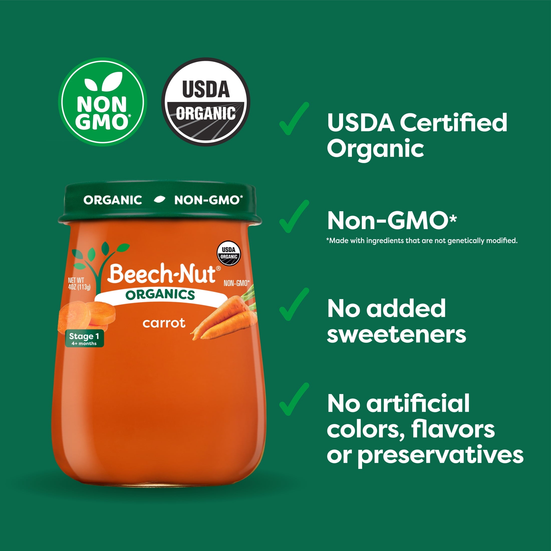 (12 pack) Beech-Nut Organics Stage 1 Organic Baby Food, Carrots, 4 oz Jar