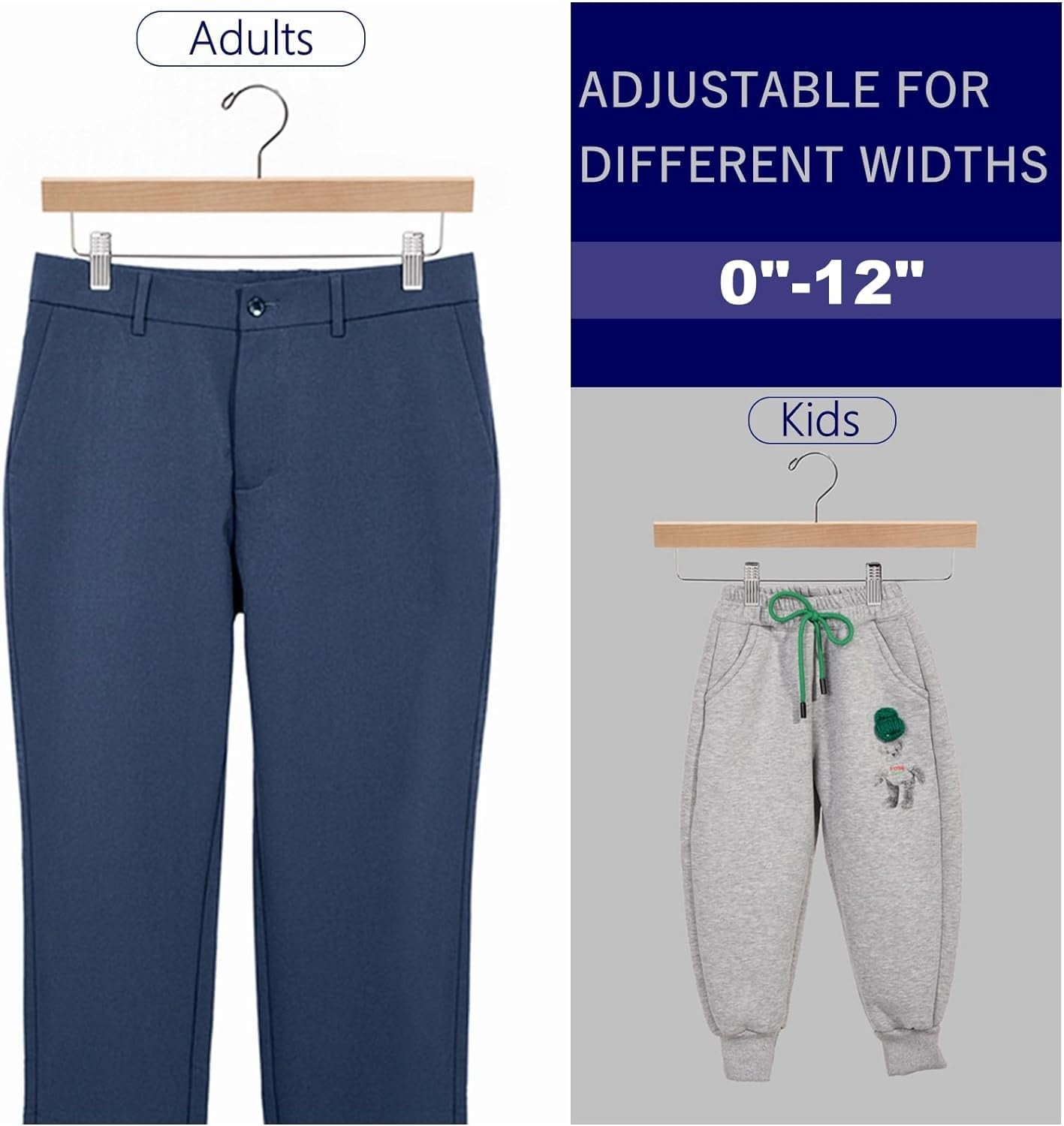 10-Pack Wooden Hangers for Pants & Skirts, Natural Wood with 2 Adjustable Clips for Jeans, Slacks & Shorts, Closet Storage Organizer