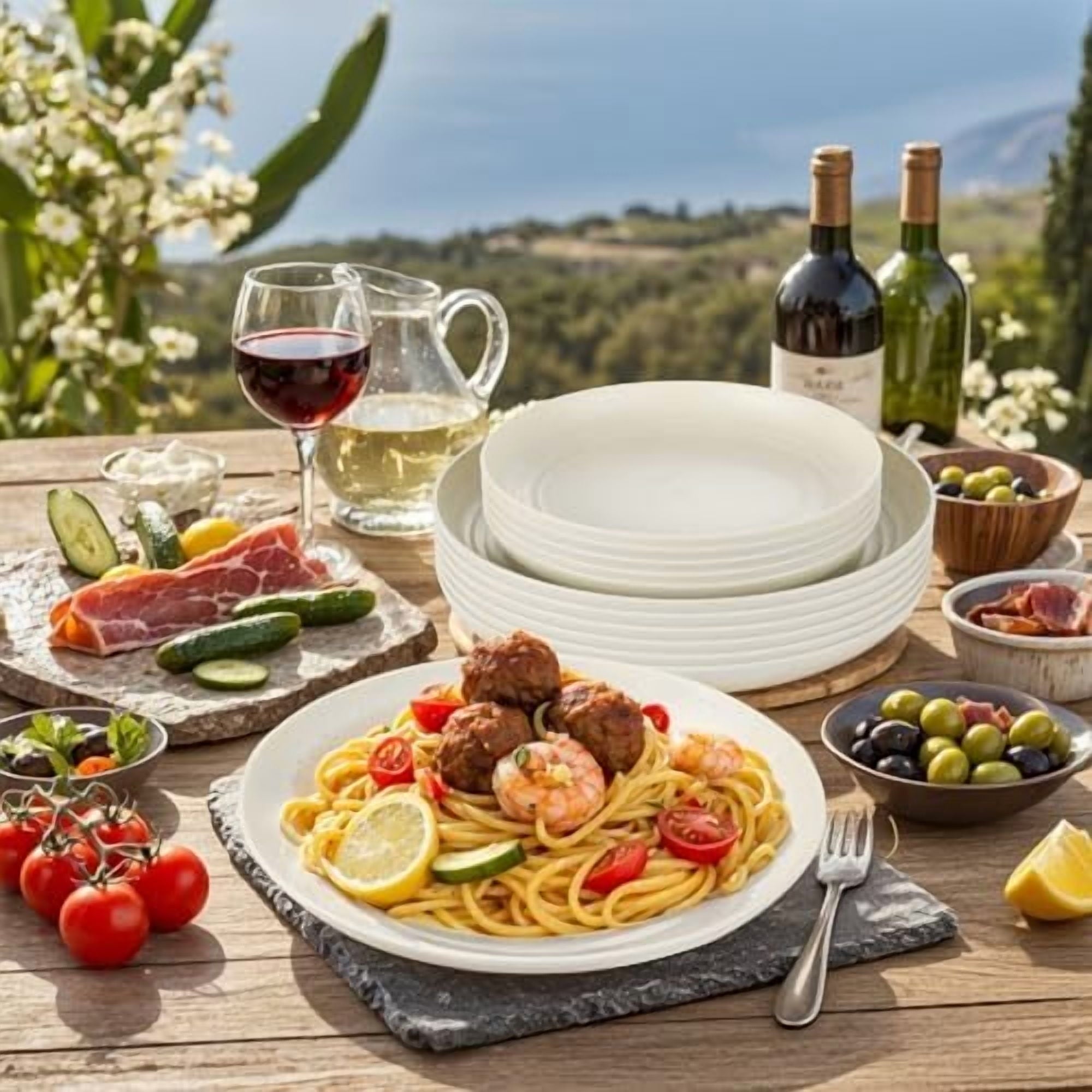 32pcs Wheat Straw Dinnerware Sets, White Dishes for 8, Plates and Bowls Sets, Reusable Plastic Plates, Microwave Dishwasher Safe, White Plastic Dinnerware Set