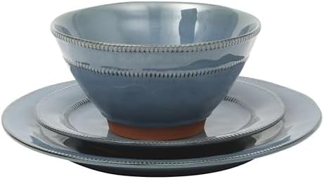 12 Piece (Service for 4) Townscape Plates and Bowls Reactive Glaze Embossed Round Dishes Terracotta Ceramic Dinnerware Set - Dark Green