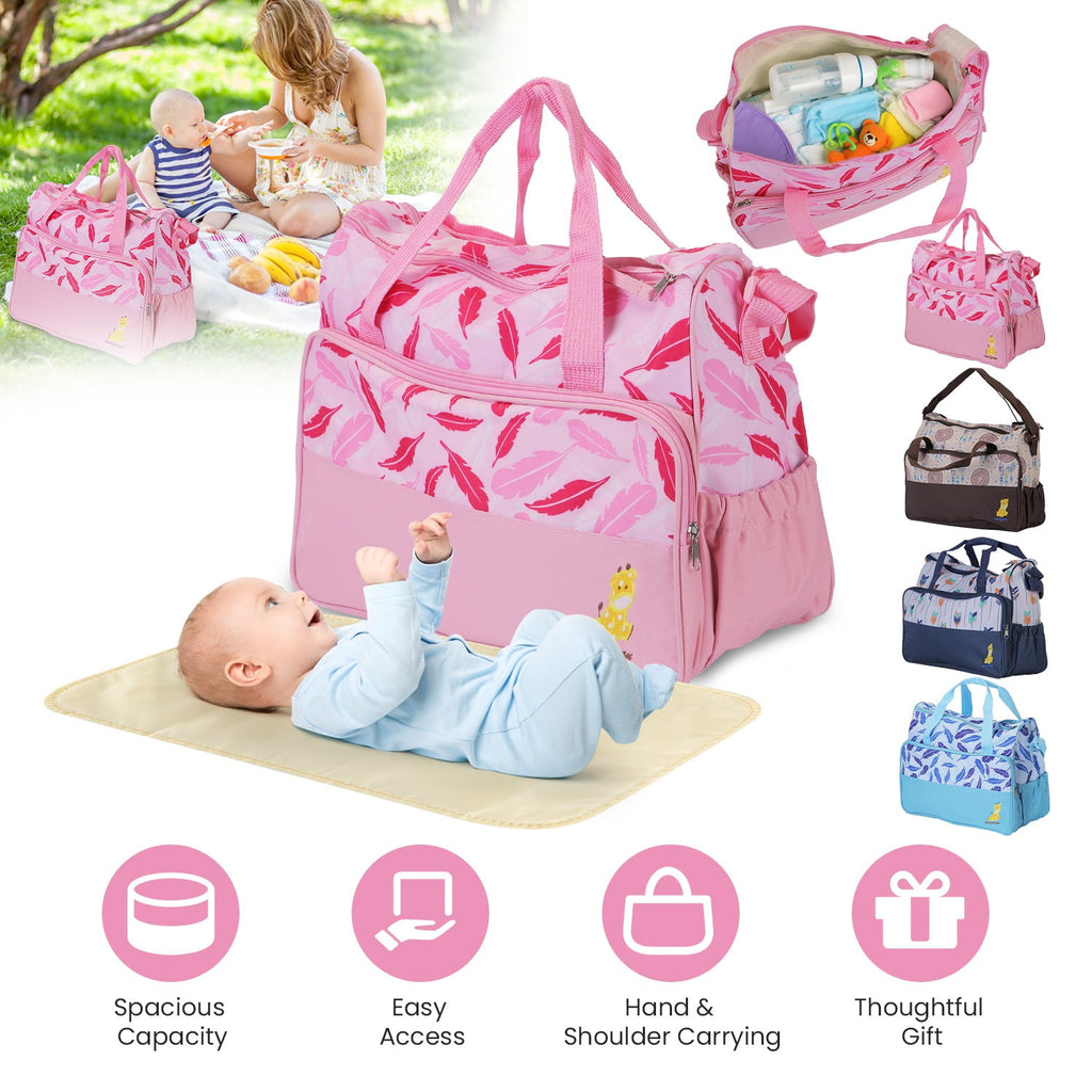 5Pcs Diaper Bag Tote Portable Baby Bag with Food Bag Diaper Pad Bottle Bag Travel Tote Bags for Boys and Girls Pink