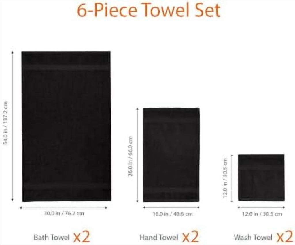 6 Piece Oversized Fade resistant Towel set, 100% Cotton towels for bathroom, soft and absorbent, 2 Bath Towels, 2 Hand Towels and 2 Washcloths bathroom towel set, Black