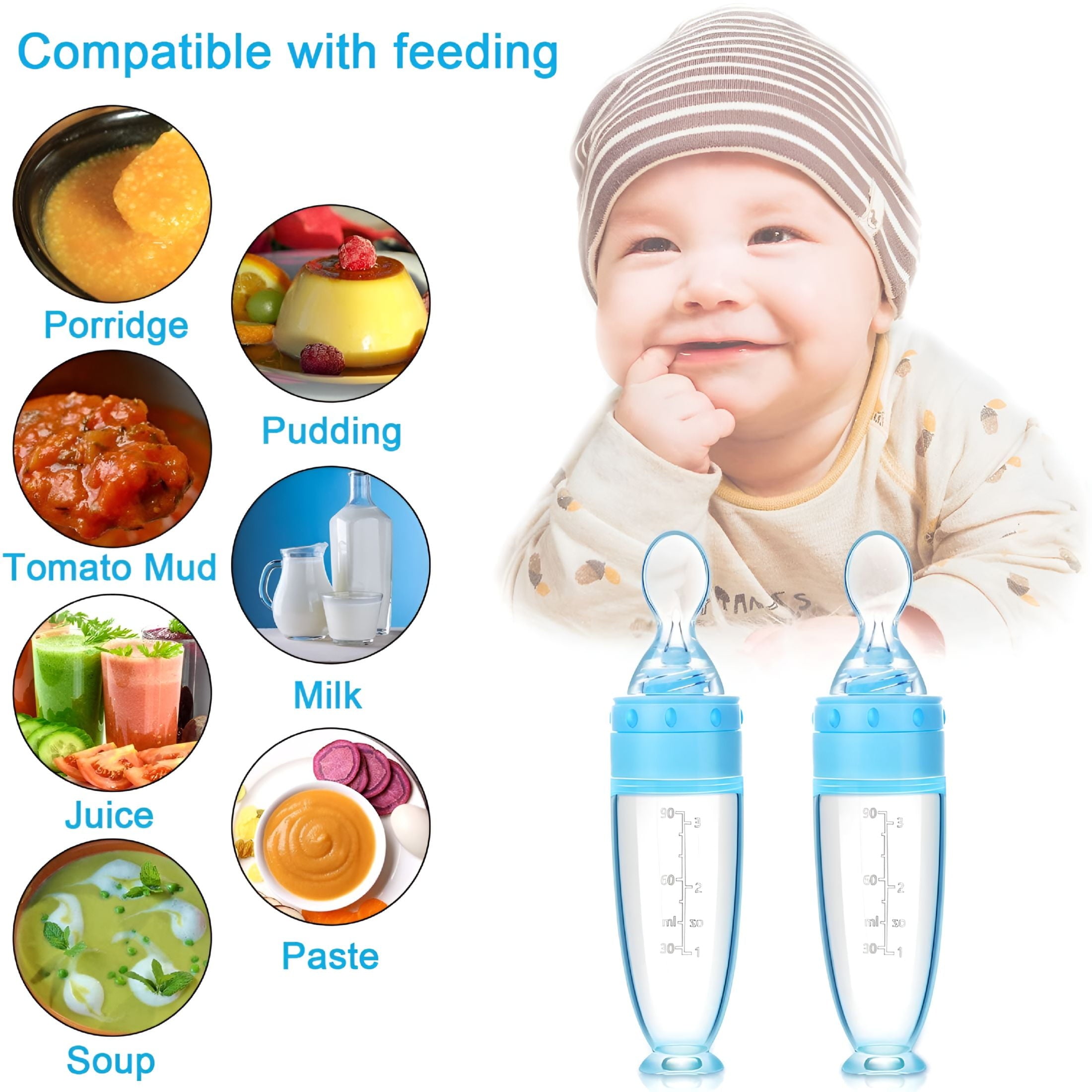 ACDANC 2 Pieces Baby Silicone Feeding Bottle Spoon Baby Food Feeder with Standing Base for Infant 0-24 Months Dispensing and Feeding