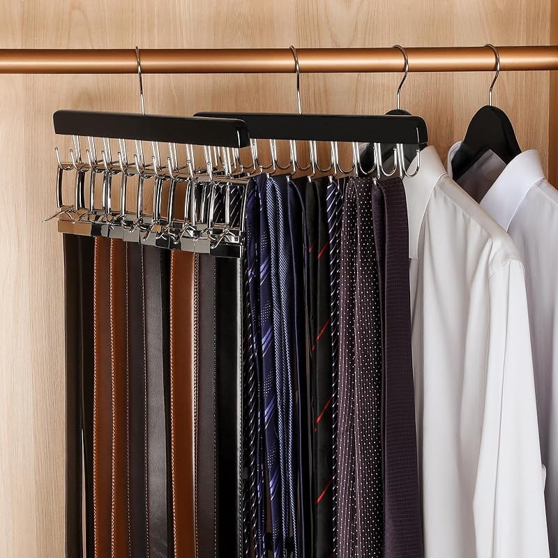 20 Hooks 2 in 1 Belt Tie Hanger for Closet Max 30 Belts with 30 Ties Capacity, Belt Tie Racks Wooden Hanger for Closet Organizer Storage “U” Fits for Belts and “One” Fits for Ties - CT47B