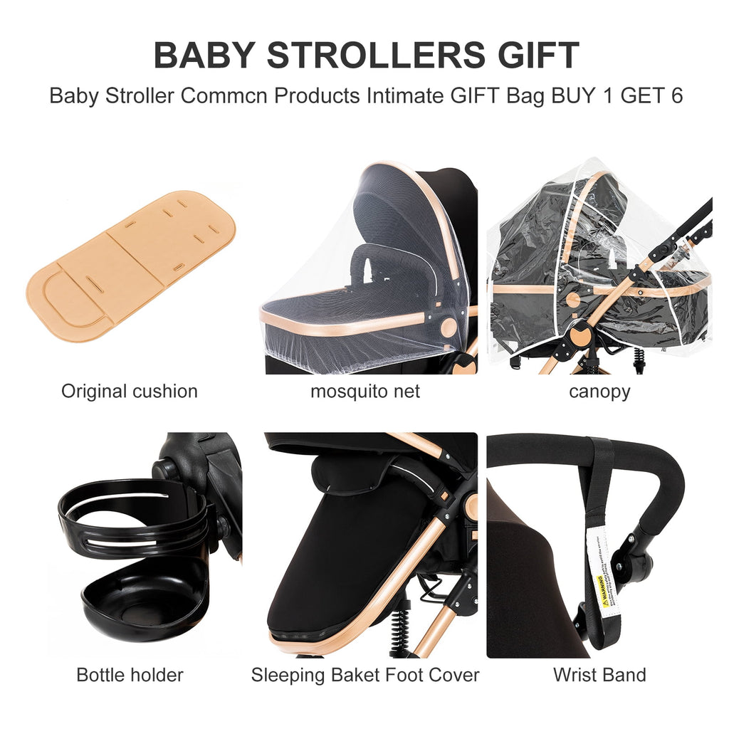 2 in 1 Baby Stroller Portable Infant Stroller with Storage Bag,Cup Holder, for Newborn/Child/Toddler,Unisex,BLACK&GOLD