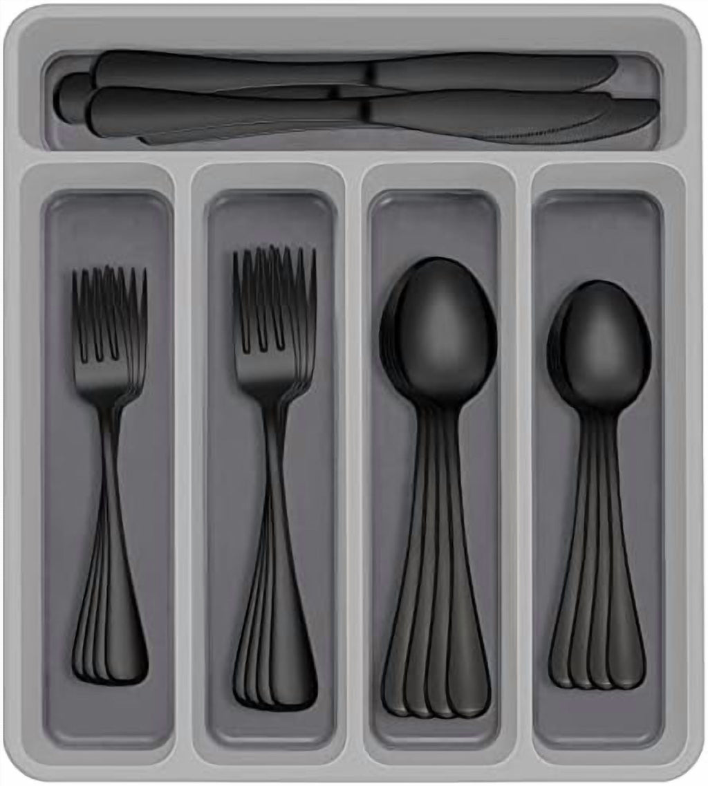 60-Piece Black Silverware Set with Organizer,  Stainless Steel Flatware for 12, Cutlery Utensil Set for Home Restaurant, Tableware Includes Knife Fork Spoon Set, Mirror Polished