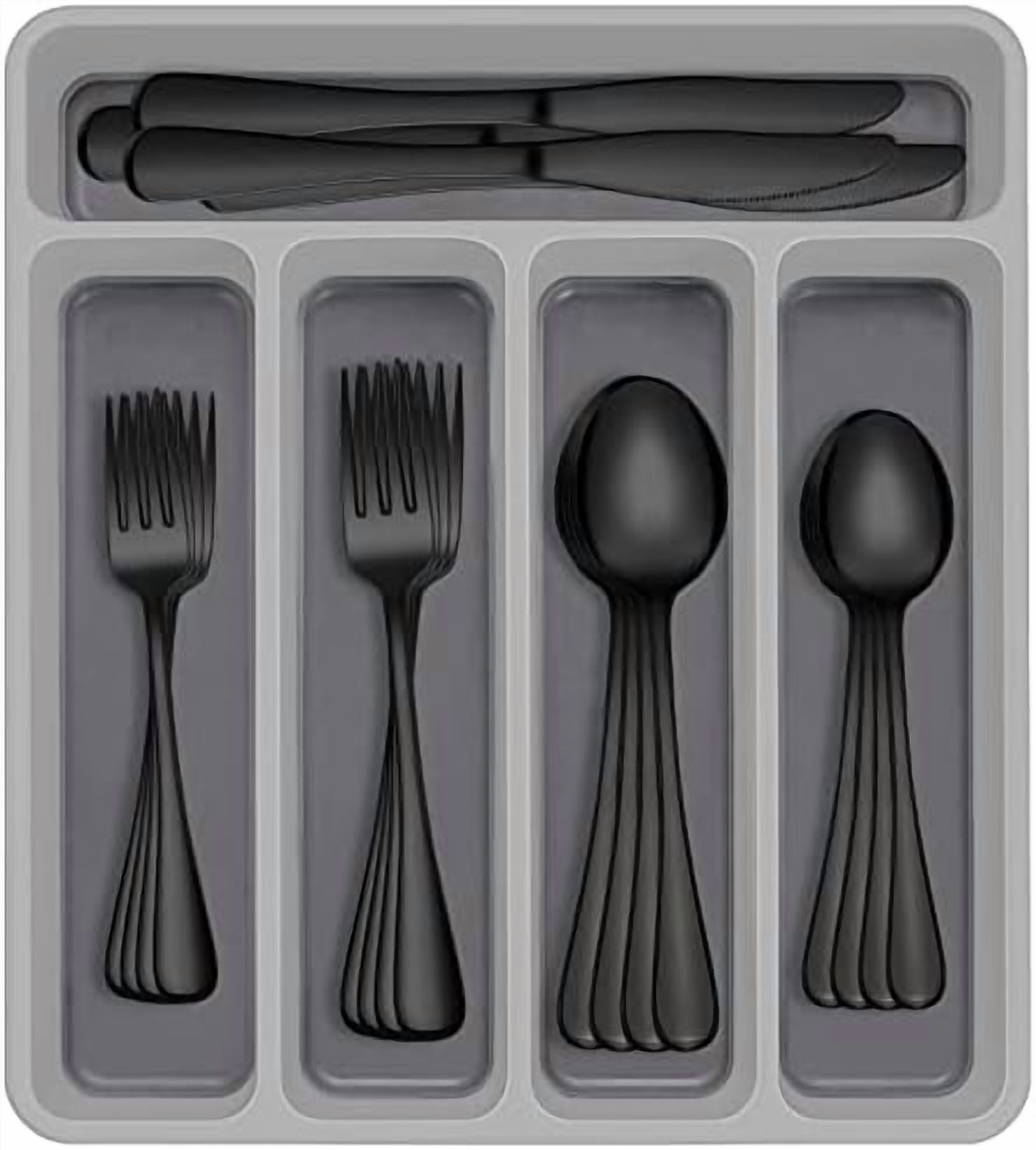 60-Piece Black Silverware Set with Organizer,  Stainless Steel Flatware for 12, Cutlery Utensil Set for Home Restaurant, Tableware Includes Knife Fork Spoon Set, Mirror Polished