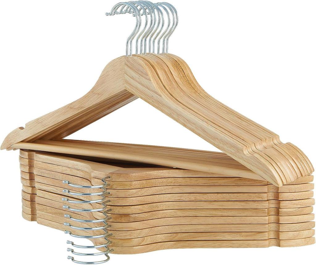 20-Pack Natural Wooden Suit Hangers, Solid Wood with Chrome Swivel Hook, Extra Smooth Finish & Notched Design for Shirts, Coats, Jackets & Dresses