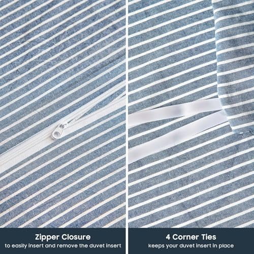 - Striped Cotton Duvet Cover Set, 100% Washed Cotton Textured Percale Bedding Set, Ticking Stripe Pinstripe Farmhouse, 3 Pieces, Denim Blue, Queen Size