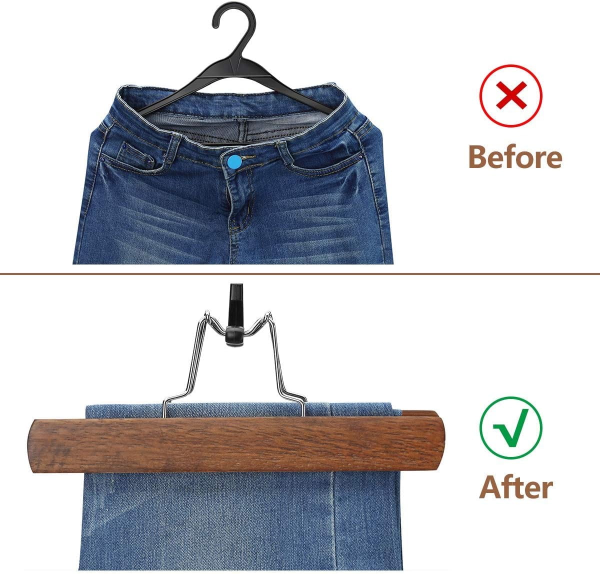 12 Pack Solid Wood Walnut Pants Hangers with Non-Slip Clips, 360 °   Swivel Hook, Skirt & Trouser Organizer Hanger for Closet Storage and Home Use