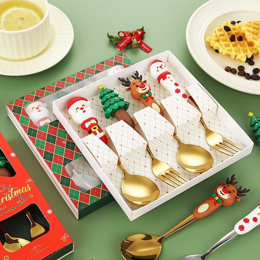 4Pcs Christmas Spoon Fork Set,Christmas Cutlery, Coffee Spoons Coffee Stirrer Dessert Spoon Fruit Fork,Xmas Dinner ForksStainless Steel Set with Gift Box, Xmas Tree Santa Snowman Elk Spoons