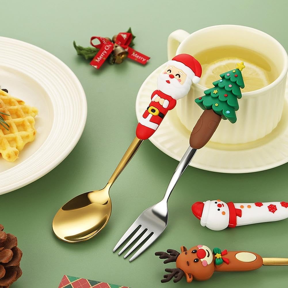4Pcs Christmas Spoon Fork Set,Christmas Cutlery, Coffee Spoons Coffee Stirrer Dessert Spoon Fruit Fork,Xmas Dinner ForksStainless Steel Set with Gift Box, Xmas Tree Santa Snowman Elk Spoons
