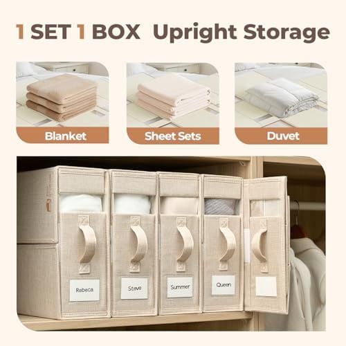 4Pack Sheet Organizers for Linen Closet - King/Queen Size Bedding Storage Boxes with Clear Window, Foldable & Dustproof Linen Organizer for Blankets & Sheet Sets,Grey