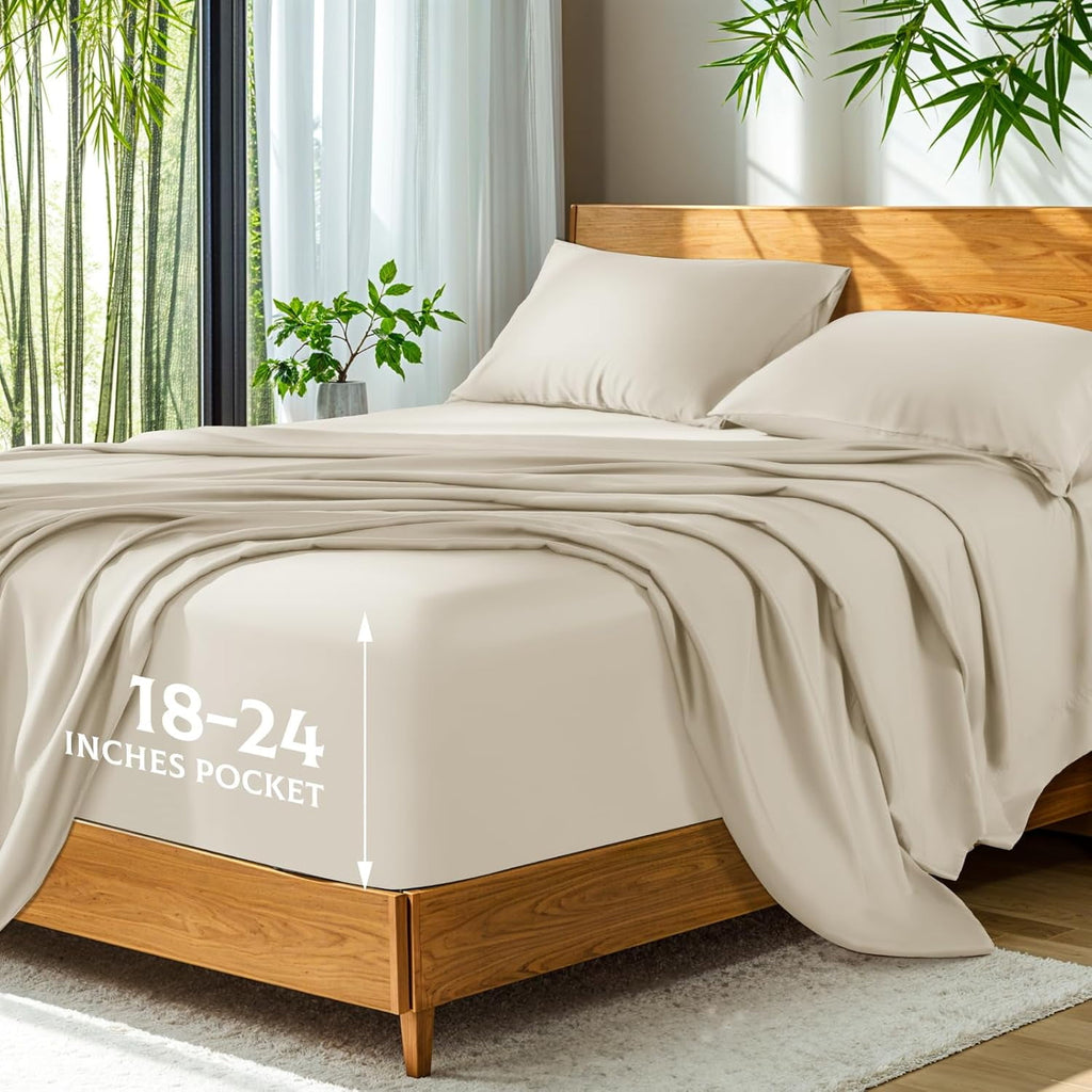 100% Viscose Derived from Bamboo_, Extra Deep Pocket up to 18"-24",Ultra Soft & Cooling Sheets for Hot Sleepers, Hotel Luxury Silky Bed Sheets (Beige,Queen)-wpp