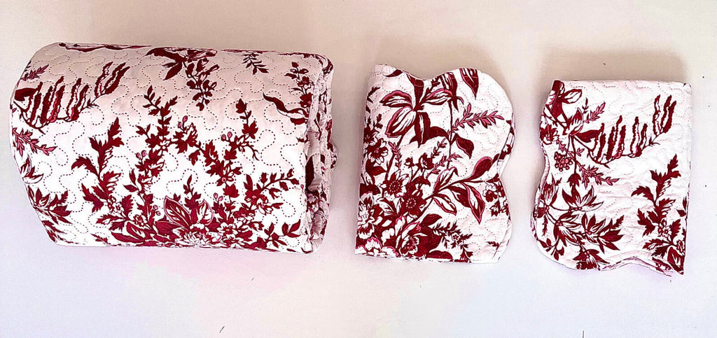 3-Piece Queen Size Printed WHITE AND RED Quilt Set -RED Flower