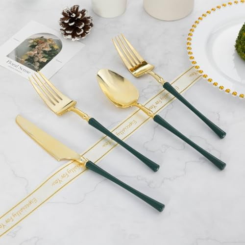 150pcs Gold Plastic Silverware, High End Disposable Cutlery with Pink Handle Include 50 Forks, 50 Spoons, 50 Knives, Perfect for Birthdays, Parties, Weddings, and More