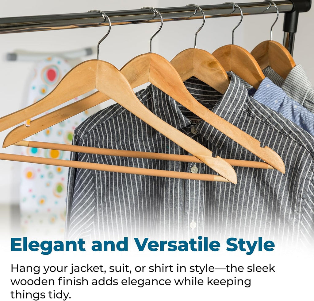 24-Pack Sturdy Maple Wood Hangers with Non-Slip Grooved Bar, Durable and Stylish Hangers for Shirts, Suits & Jackets, Closet Storage Solution