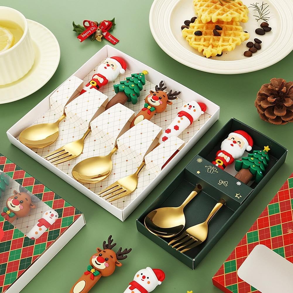 4Pcs Christmas Spoon Fork Set,Christmas Cutlery, Coffee Spoons Coffee Stirrer Dessert Spoon Fruit Fork,Xmas Dinner ForksStainless Steel Set with Gift Box, Xmas Tree Santa Snowman Elk Spoons