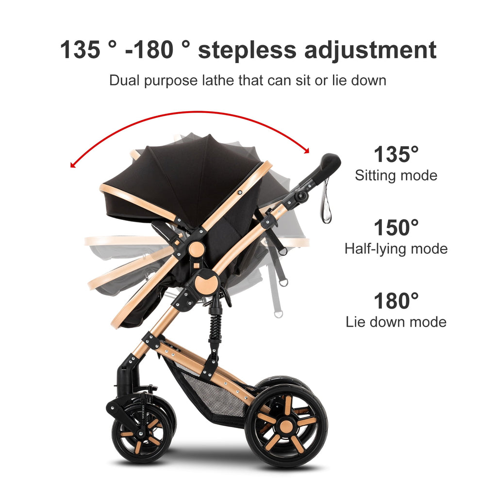 2 in 1 Baby Stroller Portable Infant Stroller with Storage Bag,Cup Holder, for Newborn/Child/Toddler,Unisex,BLACK&GOLD