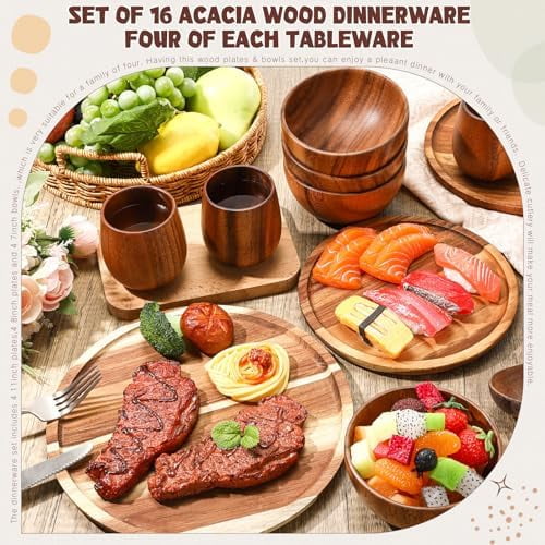 16 Pcs Acacia Wood Dinnerware Set, Round Wooden Plates,Solid Wooden Bowls and Tea Cups, Acacia Wood Tableware Supplies, Easy Cleaning & Lightweight for Dishes Snack, Dessert, Set for 4