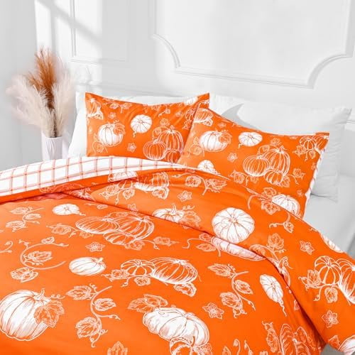 3 Piece Fall Duvet Cover Queen Size Thanksgiving Pumpkin Queen Duvet Covers Set, Reversible Soft Breathable Comforter Cover Autumn Bedding Set for Thanksgiving Decor, Orange, 90'' x 90''