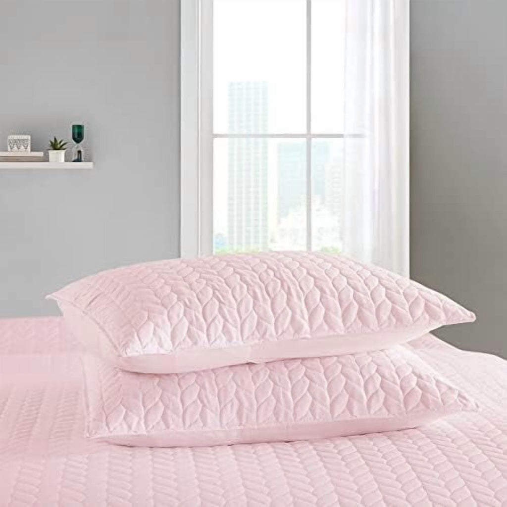 3-Piece Queen Quilt Set, Lightweight Soft Warm Full Size Leaf Embroidered Bedspread Coverlet (90x90 inches) with 2 Pillow Shams (20x26 inches) for All Season, Pink