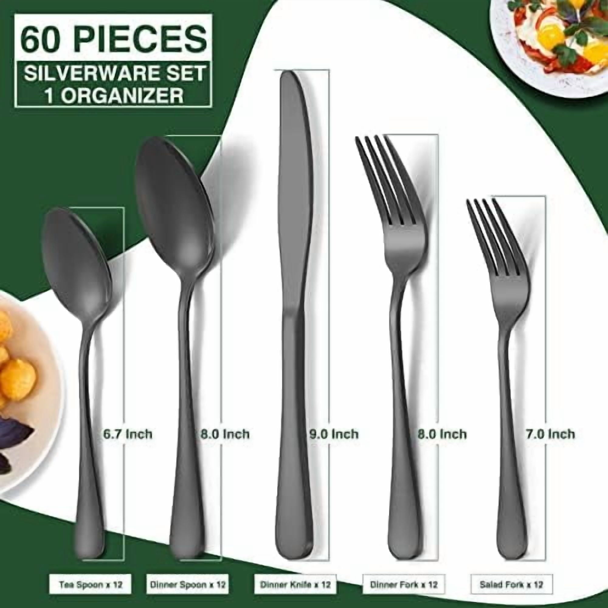 60-Piece Black Silverware Set with Organizer,  Stainless Steel Flatware for 12, Cutlery Utensil Set for Home Restaurant, Tableware Includes Knife Fork Spoon Set, Mirror Polished