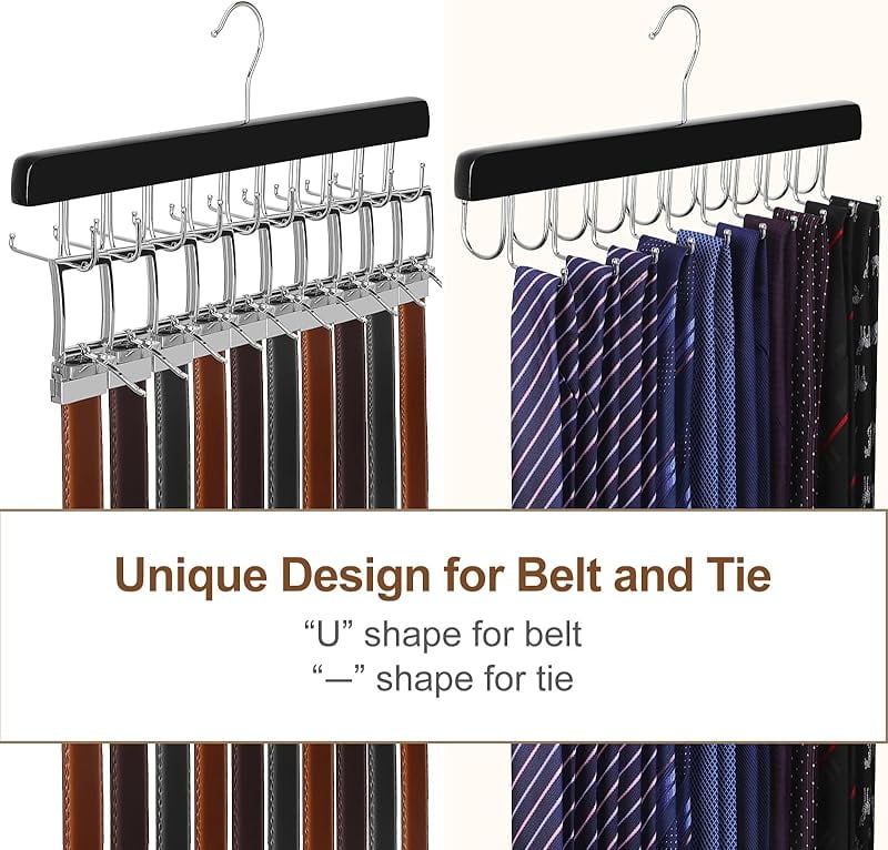 20 Hooks 2 in 1 Belt Tie Hanger for Closet Max 30 Belts with 30 Ties Capacity, Belt Tie Racks Wooden Hanger for Closet Organizer Storage “U” Fits for Belts and “One” Fits for Ties - CT47B