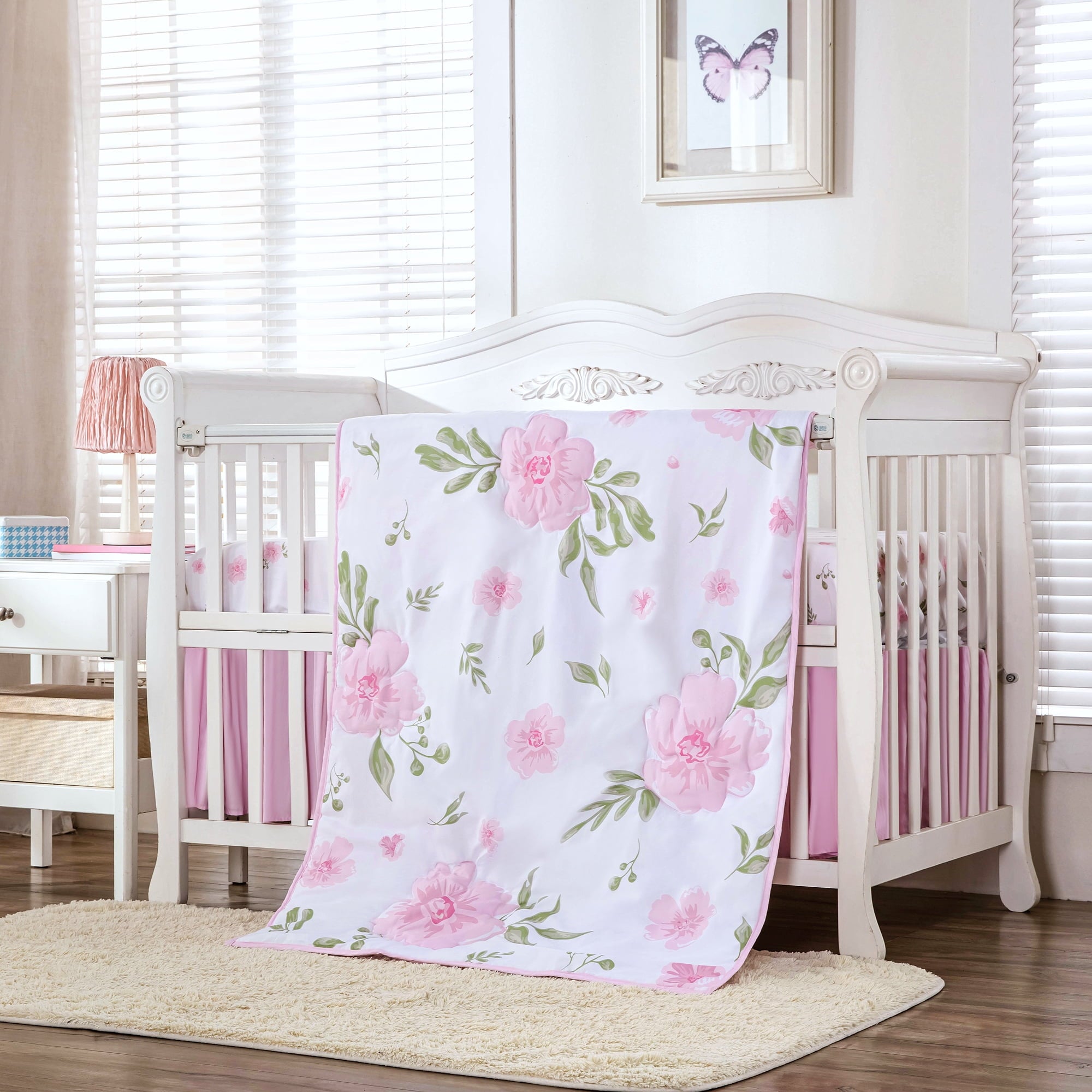 3 pieces pink flowers crib bedding set