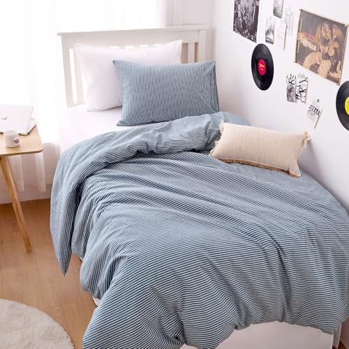 - Striped Cotton Duvet Cover Set, 100% Washed Cotton Textured Percale Bedding Set, Ticking Stripe Pinstripe Farmhouse, 3 Pieces, Denim Blue, Queen Size