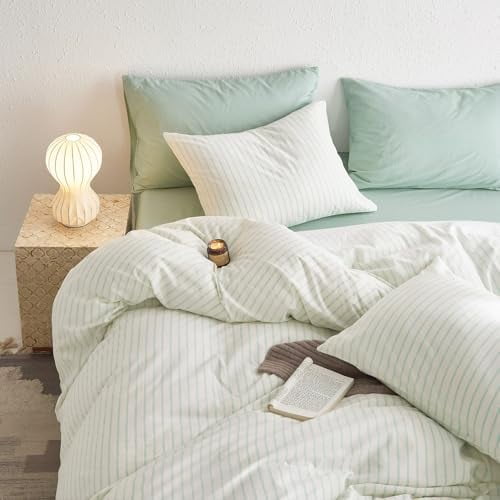 - Striped Cotton Duvet Cover Set, Ticking Stripe Vertical Pinstripe Farmhouse, 100% Washed Cotton Textured Percale Bedding Set, 3 Pieces, Navy Blue, Queen Size