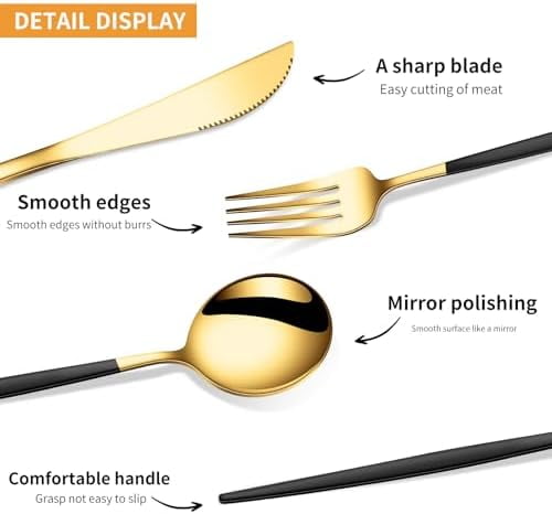 24 PCS Gold Silverware Set, Food-Grade Stainless Steel Flatware Set for 6, Cutlery Set Tableware with Black Handle, Steak Knives Forks and Spoons, Utensil Sets for Home Restaurant Hotel