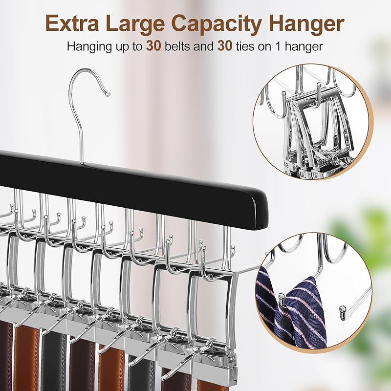 20 Hooks 2 in 1 Belt Tie Hanger for Closet Max 30 Belts with 30 Ties Capacity, Belt Tie Racks Wooden Hanger for Closet Organizer Storage “U” Fits for Belts and “One” Fits for Ties - CT47B