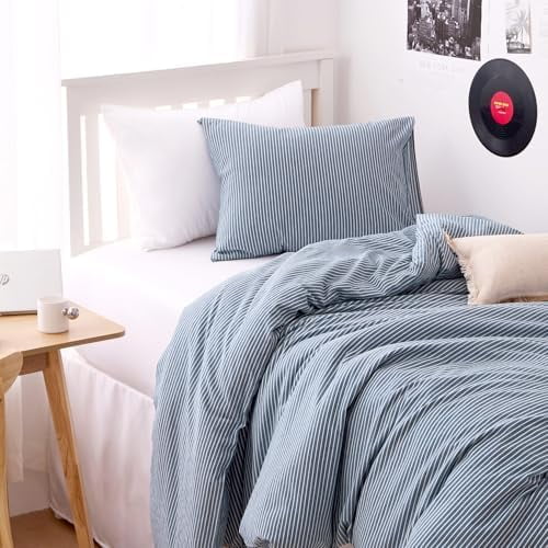 - Striped Cotton Duvet Cover Set, 100% Washed Cotton Textured Percale Bedding Set, Ticking Stripe Pinstripe Farmhouse, 3 Pieces, Denim Blue, Queen Size