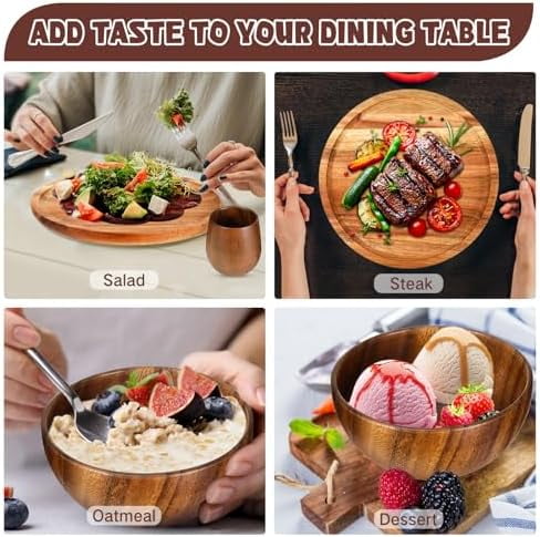 16 Pcs Acacia Wood Dinnerware Set, Round Wooden Plates,Solid Wooden Bowls and Tea Cups, Acacia Wood Tableware Supplies, Easy Cleaning & Lightweight for Dishes Snack, Dessert, Set for 4