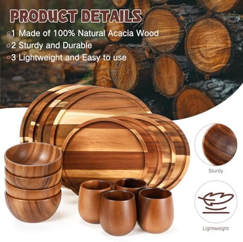 16 Pcs Acacia Wood Dinnerware Set, Round Wooden Plates,Solid Wooden Bowls and Tea Cups, Acacia Wood Tableware Supplies, Easy Cleaning & Lightweight for Dishes Snack, Dessert, Set for 4