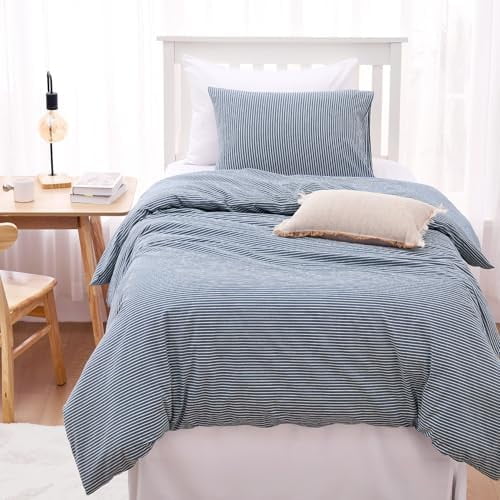 - Striped Cotton Duvet Cover Set, 100% Washed Cotton Textured Percale Bedding Set, Ticking Stripe Pinstripe Farmhouse, 3 Pieces, Denim Blue, Queen Size