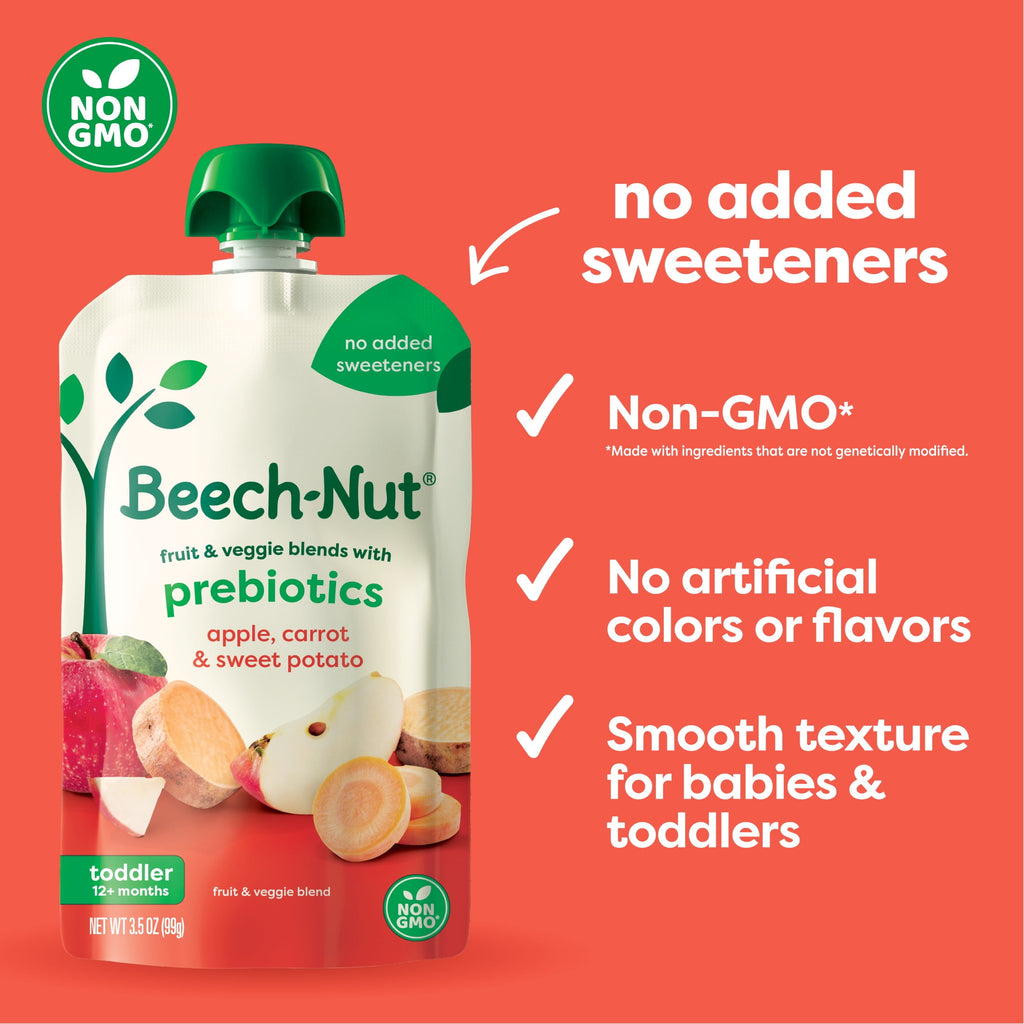 (12 pack) Beech-Nut Prebiotic Fiber Stage 4 Toddler Food, Carrot Apple & Sweet Potato, 3.5 oz Pouch