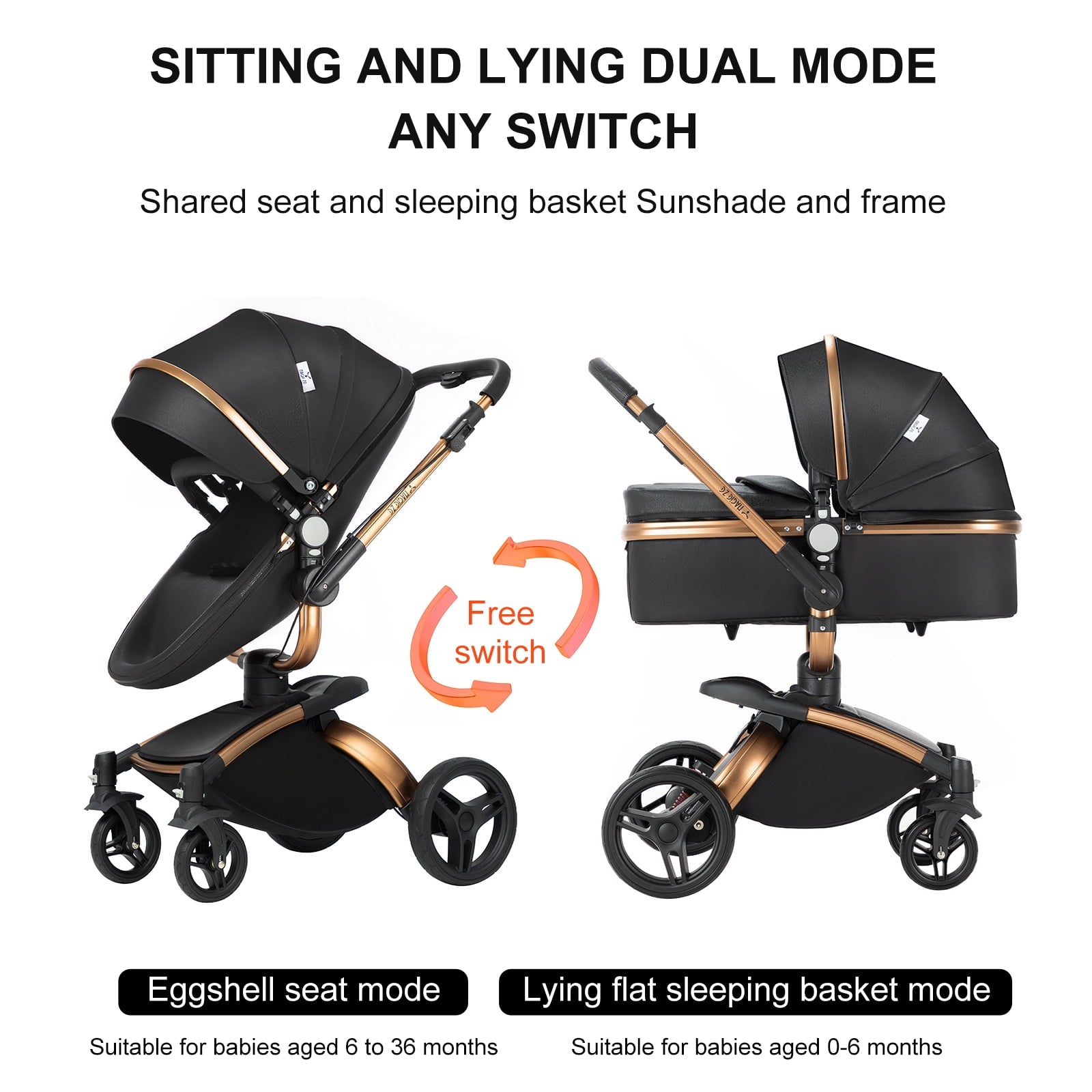 2 in 1 Convertible Baby Stroller ,Reversible Travel Stroller with Foldable Carriage,  Removable Bassinet Pram for Newborns,Infant,Unisex,BLACK