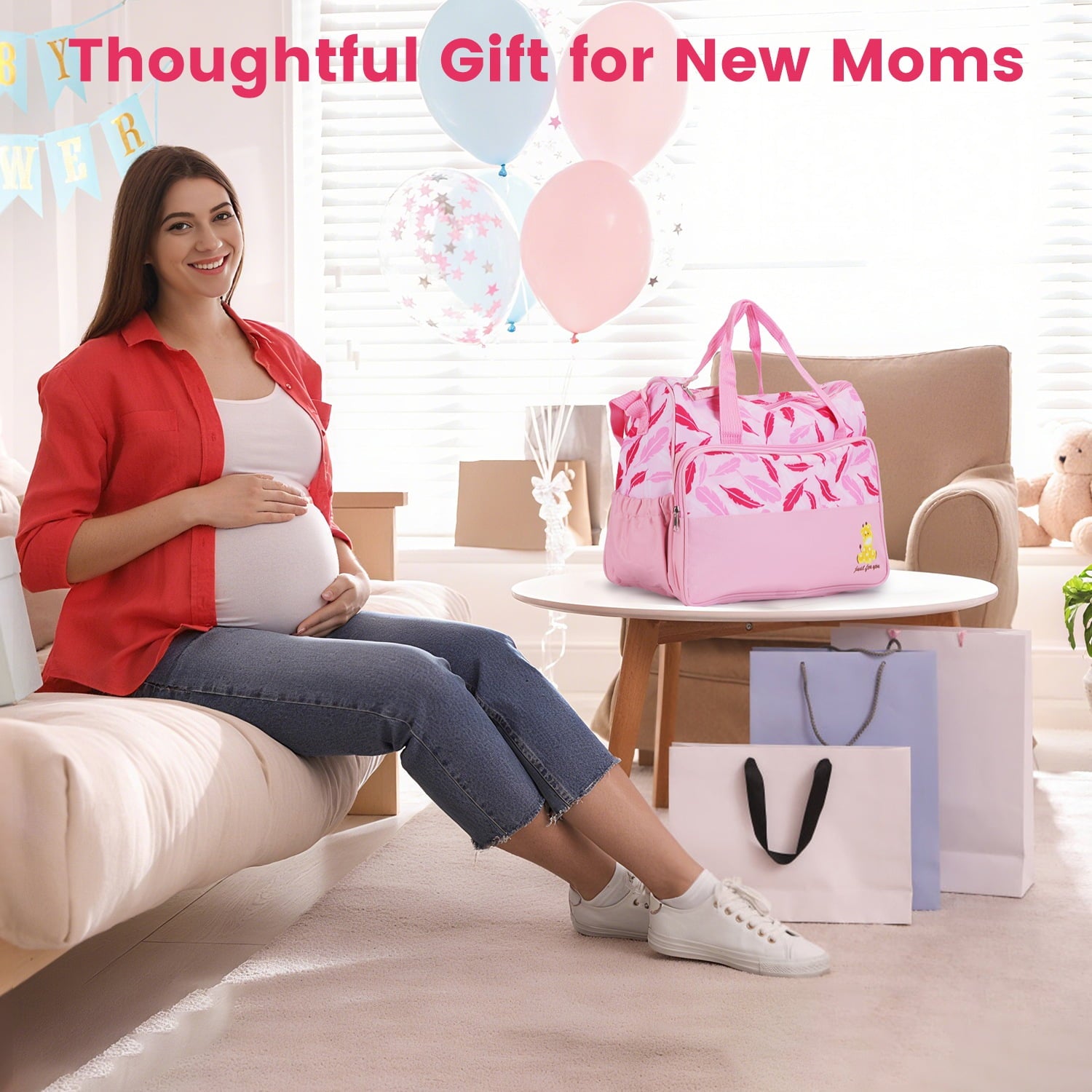 5Pcs Diaper Bag Tote Portable Baby Bag with Food Bag Diaper Pad Bottle Bag Travel Tote Bags for Boys and Girls Pink