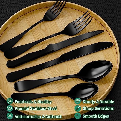 49-Piece Black Silverware Set with Organizer, Stainless Steel Flatware Set for 8 with Drawer Tray, Cutlery Steak Knives Fork Spoon for Home Restaurant, Mirror Finish, Dishwasher Safe