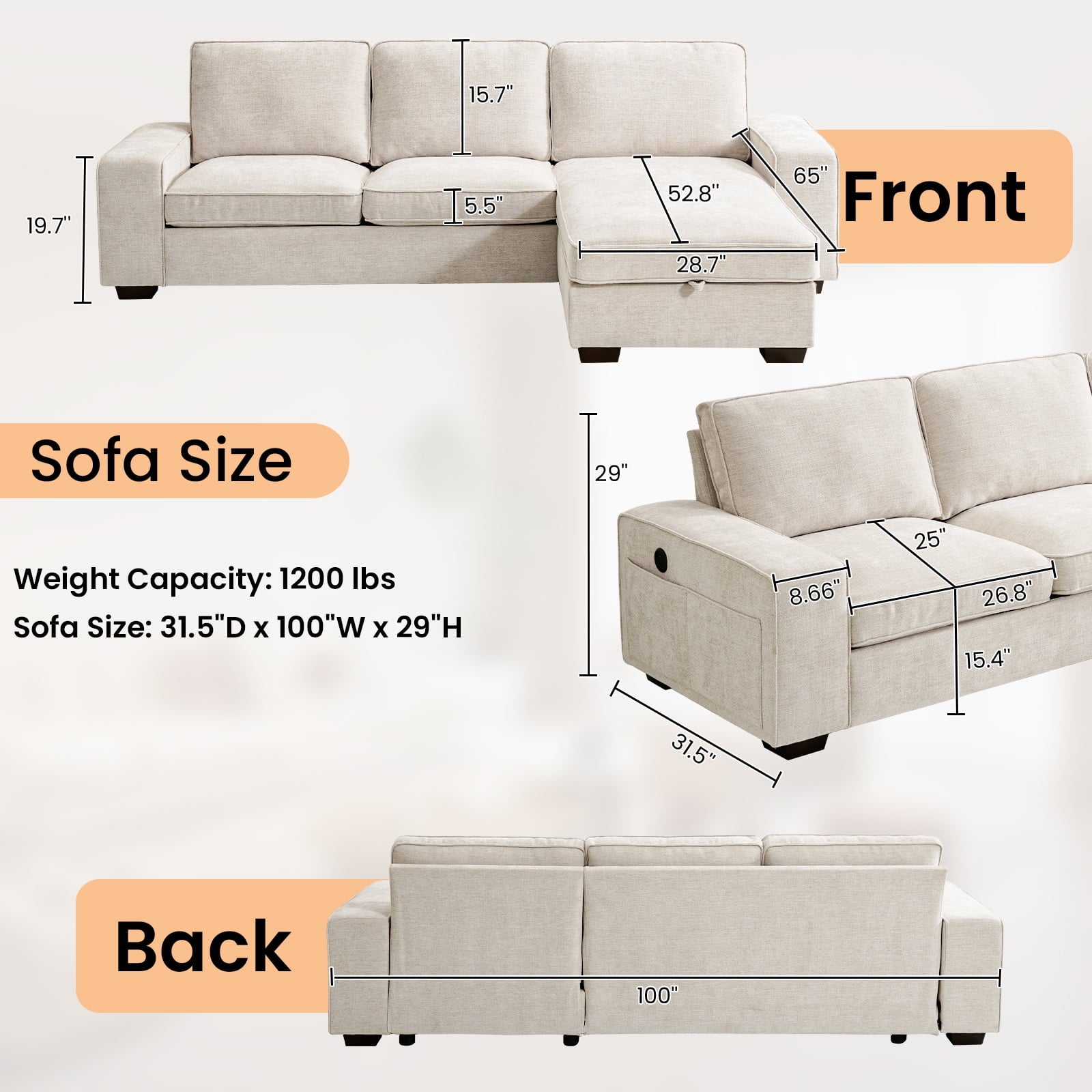 100" Comfy Sofa with Adjustable Headrest for Living Room Couches for small Apartment Furniture