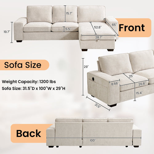 100" Comfy Sofa with Adjustable Headrest for Living Room Couches for small Apartment Furniture