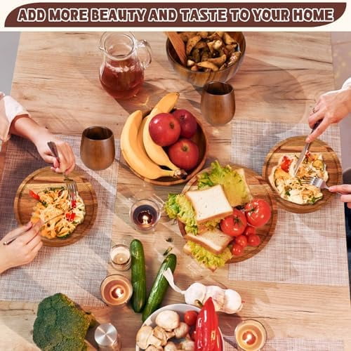 16 Pcs Acacia Wood Dinnerware Set, Round Wooden Plates,Solid Wooden Bowls and Tea Cups, Acacia Wood Tableware Supplies, Easy Cleaning & Lightweight for Dishes Snack, Dessert, Set for 4