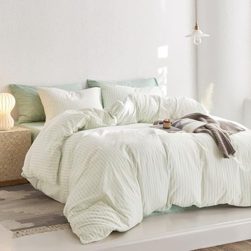 - Striped Cotton Duvet Cover Set, Ticking Stripe Vertical Pinstripe Farmhouse, 100% Washed Cotton Textured Percale Bedding Set, 3 Pieces, Navy Blue, Queen Size