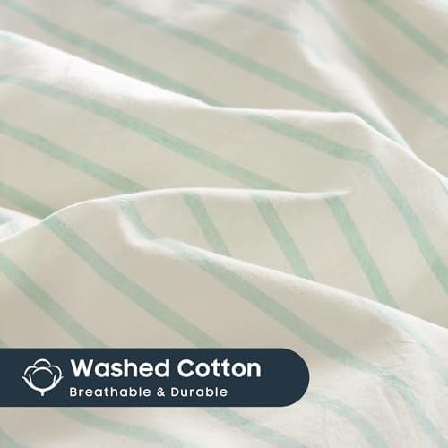 - Striped Cotton Duvet Cover Set, Ticking Stripe Vertical Pinstripe Farmhouse, 100% Washed Cotton Textured Percale Bedding Set, 3 Pieces, Navy Blue, Queen Size