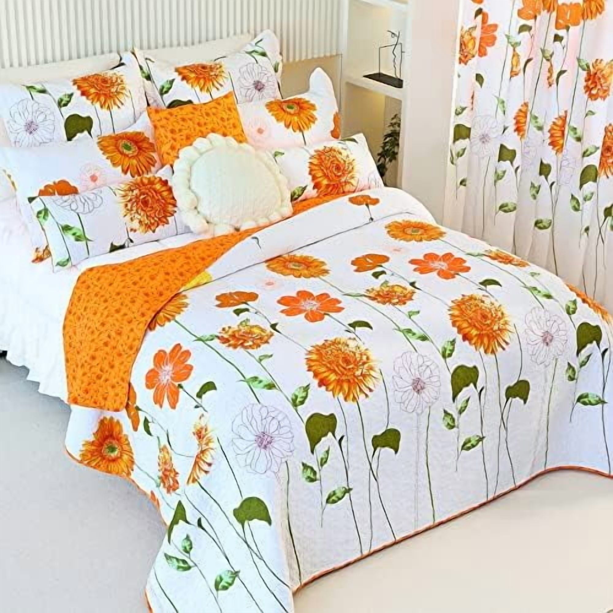 100% Cotton Quilt Queen Size Orange Sunflower Bedding Set Floral Lightweight Quilt Reversible Coverlet Bedspread with 2 Pillow Shams All Seasons 3 Pieces (92"x96")