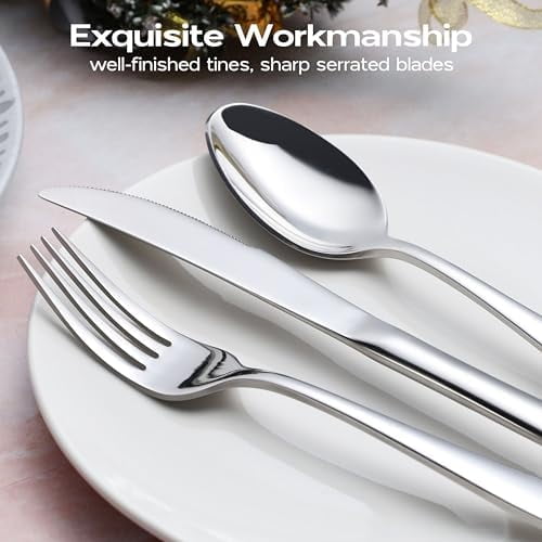 65 Piece Heavy Duty Silverware Set with Serving Pieces, Stainless Steel Cutlery Flatware Set for 12