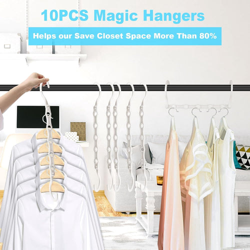 10 PCS Space Saving Hangers, 5-Hole Magic Hangers - Sturdy Plastic Hanger, Closet Organizers for Clothes Storage, College Dorm Essentials