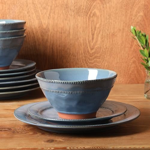 12 Piece (Service for 4) Townscape Plates and Bowls Reactive Glaze Embossed Round Dishes Terracotta Ceramic Dinnerware Set - Dark Green